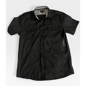 Attention Mens Modern Fit Black Textured Short Sleeve Button Down Shirt Large